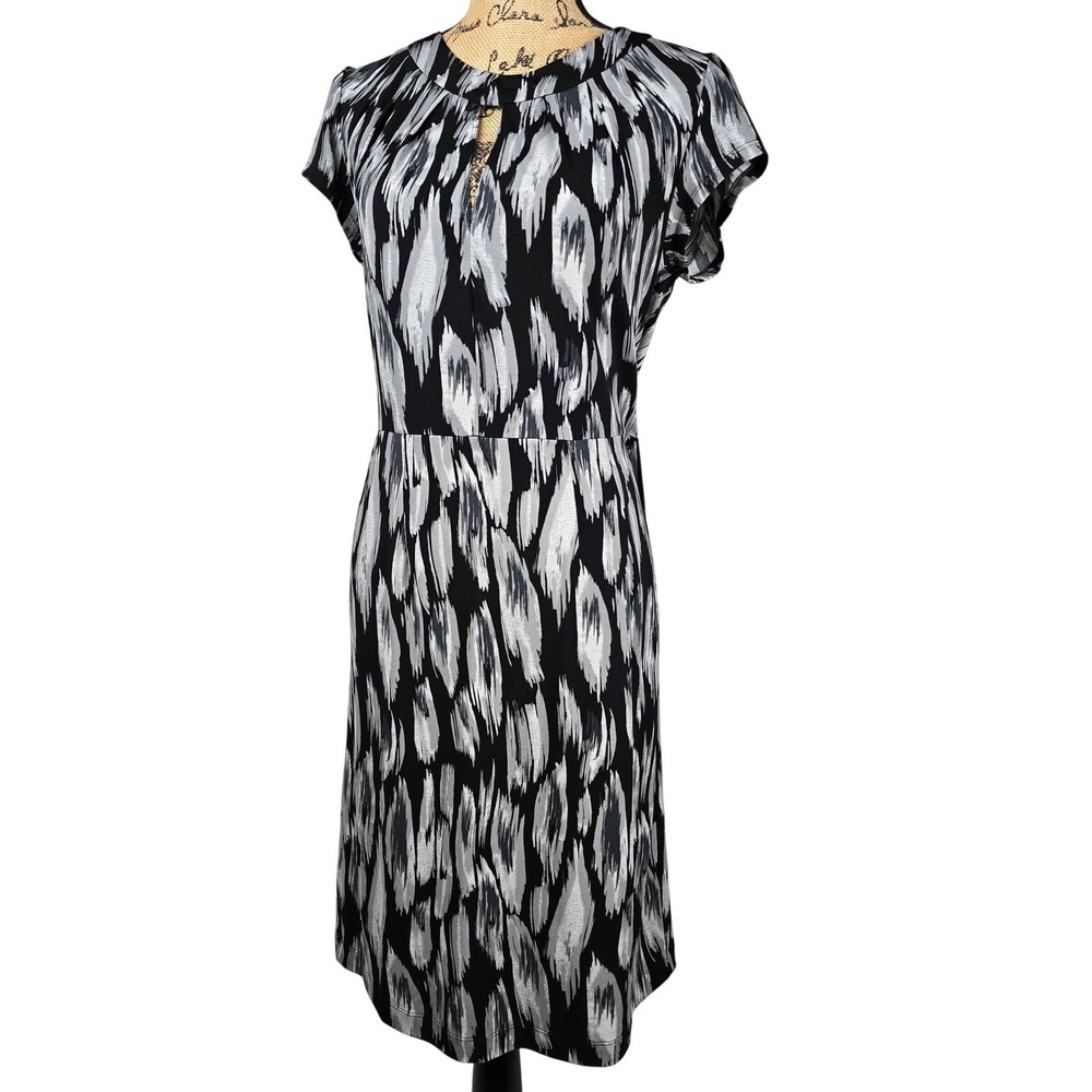 Karin Stevens Midi Dress Women's Size 6 Black White Abstract Cap‎ Sleeve